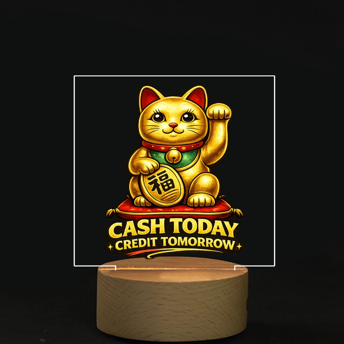 Funny lucky cat light box with the phrase 'Cash Today, Credit Tomorrow' for office display.