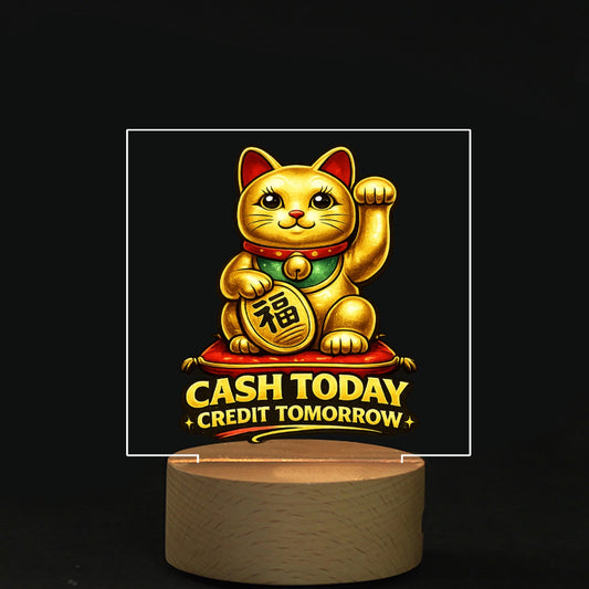 Funny lucky cat light box with the phrase 'Cash Today, Credit Tomorrow' for office display.